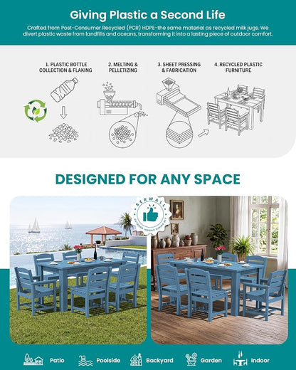 SERWALL HDPE Dining Set for 8: 2 Umbrella Hole Tables + 8 Chairs. for Garden, Backyard, Poolside. Blue