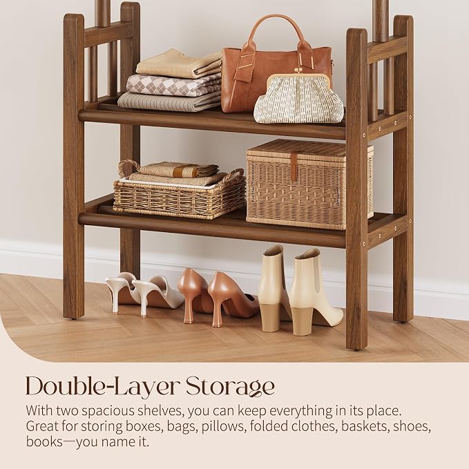Yoobure Solid Wood Clothing Rack with Shelves - Coat Rack Freestanding with 6 Hooks, 3-in-1 Hall Tree for Hanging Clothes, Tall Garment Racks with Storage for Bedroom, Entryway, Living Room, Closet