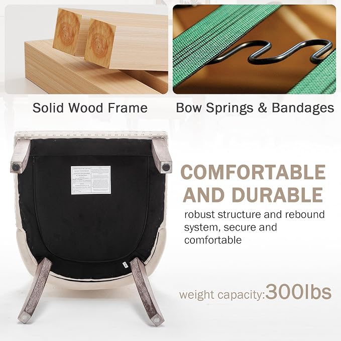 Mid Century Modern Dining Chair Set of 2 Velvet Upholstered Dining Accent Chair Farmhouse Dining Chairs with High Back and Nailhead Trim for Kitchen, Living Room, Bedroom (Beige)