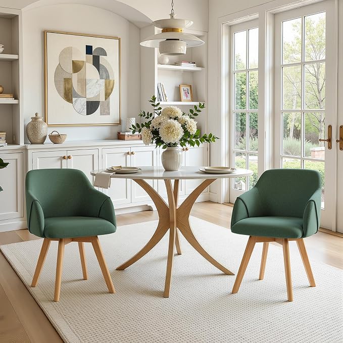 Swivel Dining Chairs Set of 2, Mid Century Modern Dining Chairs with Arms, Wood Legs, Linen Fabric Upholstered Kitchen Chairs for Dining Room Living Room, Comfortable Large Seat, Green