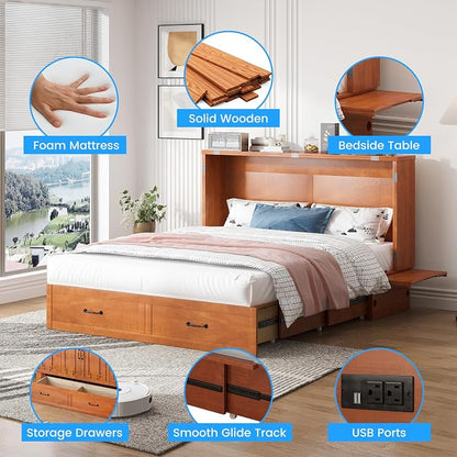 PUREMIND Queen Murphy Bed with Mattress Included, Murphy Cabinet Bed with Storage Drawer, Built-in Charging Station, Solid Wood Frame, Space-Saving Cabinet Beds for Small Spaces/Guest Room (Cherry)
