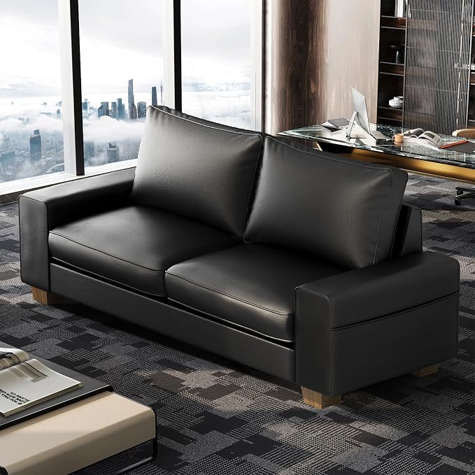 Valthie Faux Leather Couch, Mid Century Modern Comfy Loveseat Sofa with Wide Arm, Side Pockets, Solid Wooden Frame for Office, Living Room and Bedroom, 3 Seater (Black, 88.58 inches)