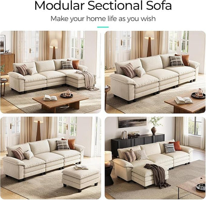 LINSY HOME 123'' Modular Sectional Sofa 3 Seat Couch Corduroy Cloud Couch with Deep Seat, Modern L-Shaped Cloud Couch with 1 Movable Ottoman for Living Room, Office, Bedroom, Beige