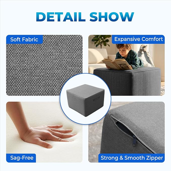 Living&Giving Square Outdoor Ottoman Pouf, 24 Inch Waterproof Patio Ottoman Foot Rest with Solid High-Density Foam, Comfy Boneless Footstool for Outside Couch & Seating, Dark Gray