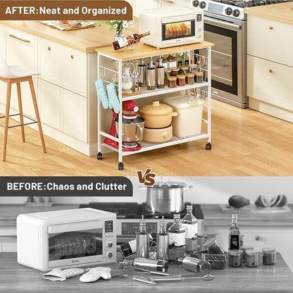 3 Tier Rolling Kitchen Microwave Cart, 33 Inch Microwave Table Stand with Adjustable Shelf, Kitchen Storage Island Utility Cart on Wheels, Bakers Rack Coffee Bar for Living Room, Office, White