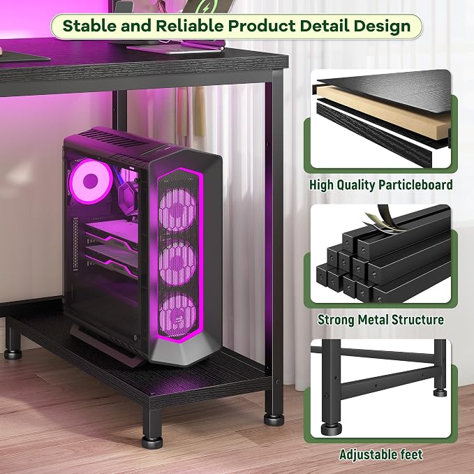 DurayLoly 39.3" Gaming Desk with Power Outlet and LED Lights,Computer Desk with Adjutable Monitor Stand and Drawer,Office Desk with CPU Stand for Home Work,Study and Gaming, Small Spaces,Black