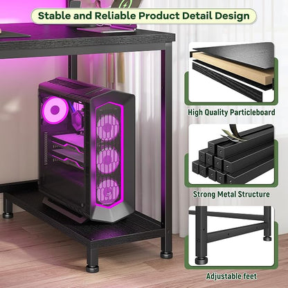 DurayLoly 39.3" Gaming Desk with Power Outlet and LED Lights,Computer Desk with Adjutable Monitor Stand and Drawer,Office Desk with CPU Stand for Home Work,Study and Gaming, Small Spaces,Black
