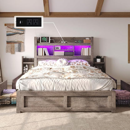 LUXOAK Queen Bed Frame with 49.6" Bookcase Headboard & 4 Drawers & 2 Detachable Bedside Stoage Racks, Farmhouse Wood Bed Frame with RGB LED & Charging Station, No Box Spring Needed, Grey