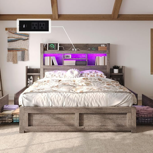 LUXOAK Queen Bed Frame with 49.6" Bookcase Headboard & 4 Drawers & 2 Detachable Bedside Stoage Racks, Farmhouse Wood Bed Frame with RGB LED & Charging Station, No Box Spring Needed, Grey