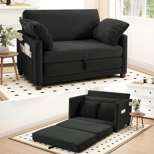 Myroyalsit 51" Convertible Loveseat Sofa Bed, 2-in-1 Folding Sofa Bed with 2 Pillow for Small Spaces, Modern Loveseat Sleeper Couch for Apartment, Living Room & Guest Room (Black Corduroy, 51 inch)