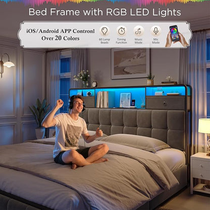 EnHomee King Size Bed Frame with 6 Storage Drawers and LED Lights,Bed Frame King Size with Velvet Upholstered Headboard and Charging Station,No Box Spring Needed,Noise-Free,Easy Assembly,Modern,Grey