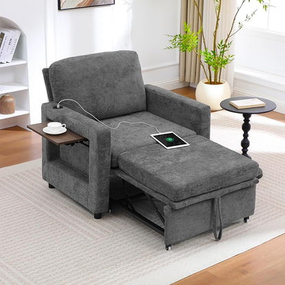 3 in 1 Folding Convertible Sleeper Sofa Bed Pull Out Couch with Side Pockets Side Table USB Port Single Sofa Bed with Adjustable Backrest for Living Room Bedroom Office 66" Darkgrey 1 SEAT
