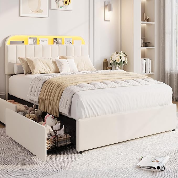 GarveeHome Full Bed Frame with Storage Headboard, Kids Bed Frame with 2 Drawers, Velvet Upholstered Platform Bed Frame with Lights, No Box Spring Needed, Easy Assembly, Velvet White