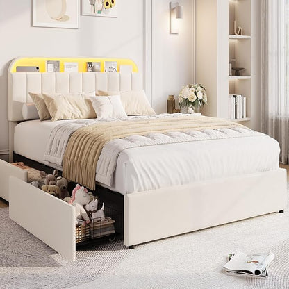 GarveeHome Full Bed Frame with Storage Headboard, Kids Bed Frame with 2 Drawers, Velvet Upholstered Platform Bed Frame with Lights, No Box Spring Needed, Easy Assembly, Velvet White