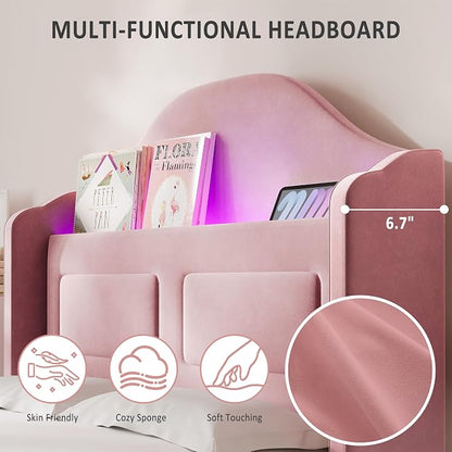 Garveehome Twin Bed Frame for Kids, Upholstered Velvet Princess Platform Bed for Boys/Girls with Wingback, Storage Bookcase Headboard & LED Light, No Box Spring Needed, Noise-Free, Easy Assembly, Pink