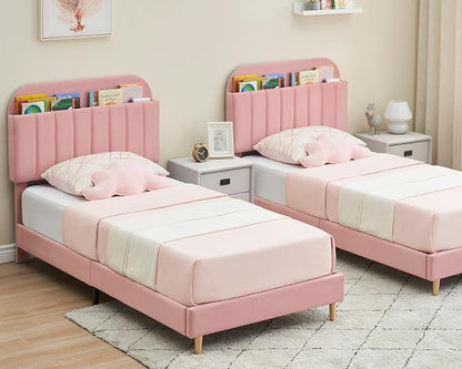 GarveeHome Twin XL Bed Frame with Storage Headboard, Velvet Upholstered Platform Bedframe for Kids, Girl Bed, Strong Wooden Slats, Noise-Free, Easy Assembly, No Box Spring Needed, Pink