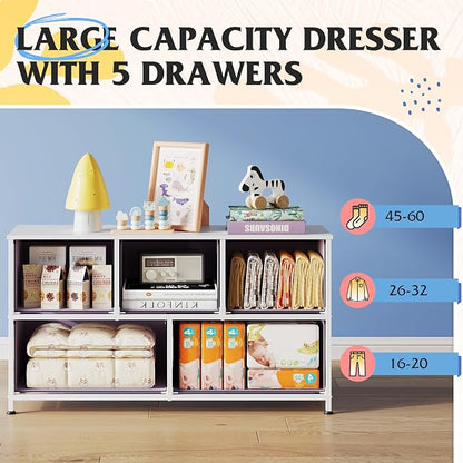 WLIVE Dresser for Bedroom with 5 Drawers, Wide Chest of Drawers, Fabric Dresser, Storage Organizer Unit with Fabric Bins for Closet, Living Room, Hallway, Purple