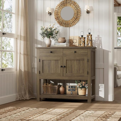 HOSTACK Farmhouse Console Table with 2-Door Cabinet & 2 Drawers, Coffee Bar, Entryway Table with Storage Shelf, Sofa Tables Buffet Sideboard for Kitchen, Hallway, Dining, Living Room, Rustic Brown