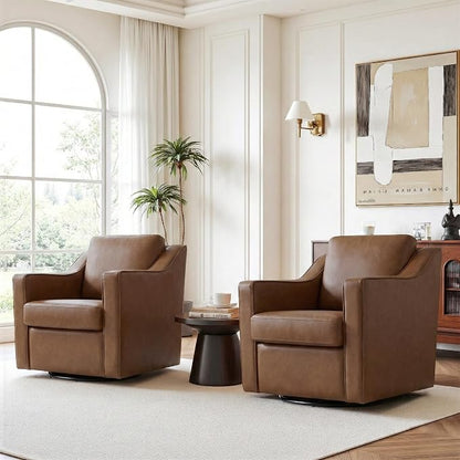 Swivel Accent Chairs Set of 2, 360° Swivel Upholstered Faux Leather Club Armchairs for Living Room, Comfy Single Sofa Reading Chair with Deep Seat, Metal Swivel Base, Coffee
