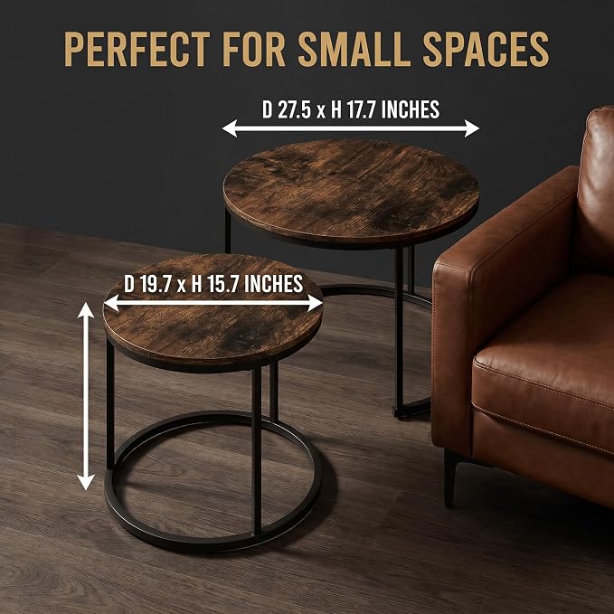 Living Room Side Table, Round Coffee Tables for Living Room, Modern Nesting Drink for Small Spaces, Set of 2 (Rustic Wooden)