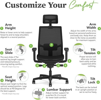 HON Ignition 2.0 Ergonomic Office Chair with Headrest, Mesh Desk Chair with Lumbar Support, Synchro‑Tilt Recline, Height and Width Adjustable Arms, Swivel Wheels, Black Frame, Black
