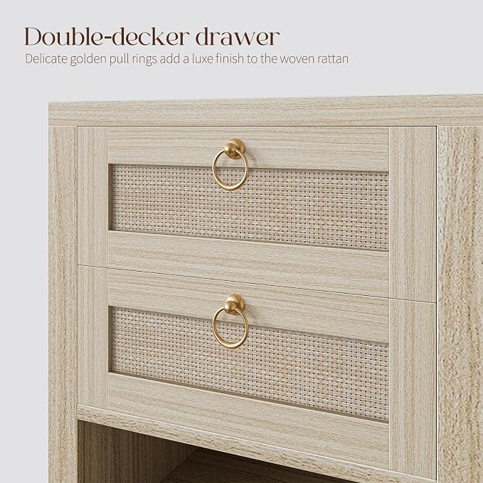 Rattan Night Stand with Drawers - Boho Nightstand with Charging Station, Bedside Table with Storage Shelf, Accent Side Table End Tables Living Room, Wood Nightstands for Bedroom, White Oak