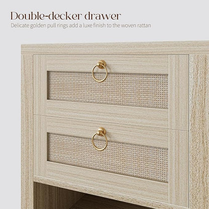 Rattan Night Stand with Drawers - Boho Nightstand with Charging Station, Bedside Table with Storage Shelf, Accent Side Table End Tables Living Room, Wood Nightstands for Bedroom, White Oak