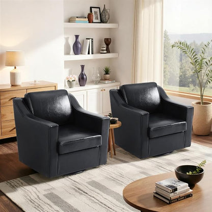 Swivel Accent Chair, Modern Round Barrel Arm Chair for Living Room, Bedroom, Comfy Club Reading Chairs for Adults (Leather Black, Set of 2)