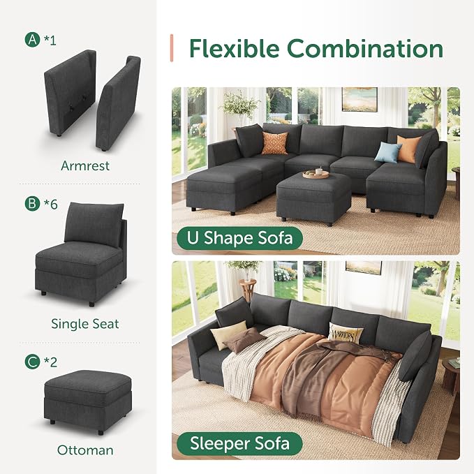 HONBAY Modular Sectional Sofa Couch with Storage, Modern U Shaped Sectional Sofa, Convertible Couches for Living Room - Snowflake Velvet Grey