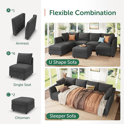 HONBAY Modular Sectional Sofa Couch with Storage, Modern U Shaped Sectional Sofa, Convertible Couches for Living Room - Snowflake Velvet Grey