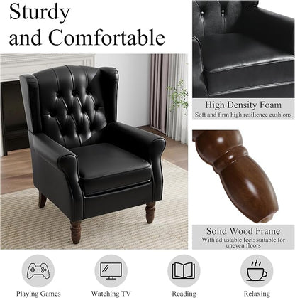 Mid-Century Modern Wingback Accent Chair - Luxe PU Faux Leather Upholstery with Solid Wood Legs, Ergonomic High Back Design - Water Resistant Living Room, Bedroom & Home Office Chair (Black)