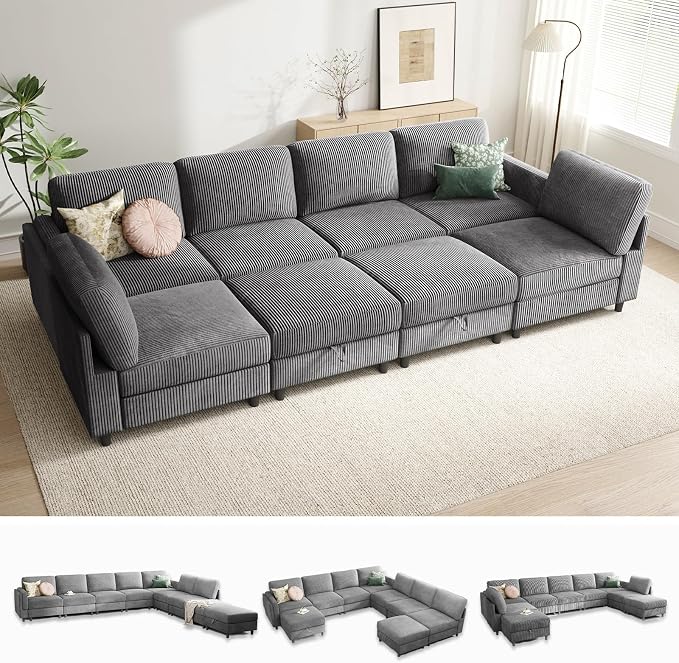 KKL Modular 8 Seater 108 Inch Sofa Bed - 2 * 4 Sectional Sleeper Sofabed with Storage Ottoman, Convertible L/U Shaped Sleeper Couch for Living Room, Modern Reversible Design, Grey