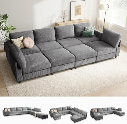 KKL Modular 8 Seater 108 Inch Sofa Bed - 2 * 4 Sectional Sleeper Sofabed with Storage Ottoman, Convertible L/U Shaped Sleeper Couch for Living Room, Modern Reversible Design, Grey