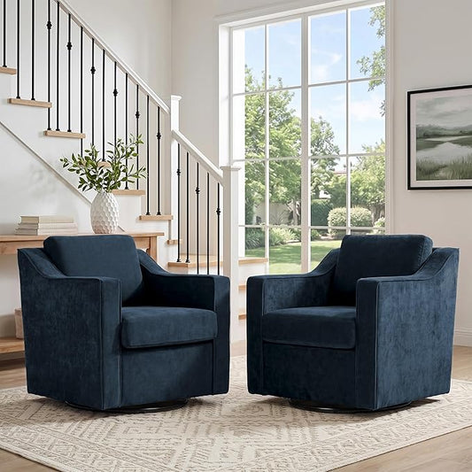 Swivel Accent Chair Set of 2, Modern Round Barrel Arm Chair for Living Room, Bedroom, Comfy Club Reading Chairs for Adults, Chenille Navy Blue