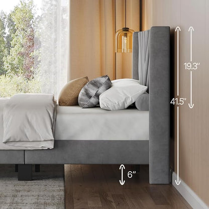 Yaheetech King Bed Frame Upholstered Platform Bed/Wooden Slat Support/Tufted Headboard with Wing Side/Mattress Foundation/No Box Spring Needed,Light Gray King