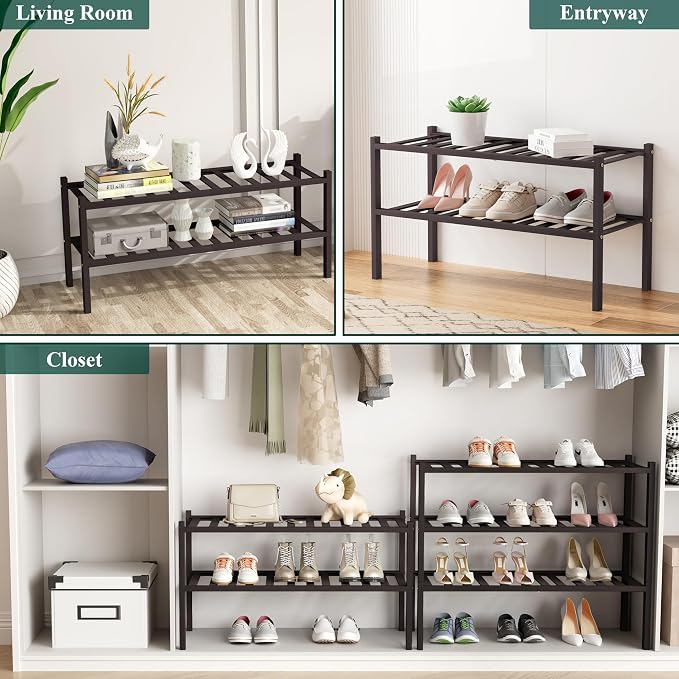 Smiry Bamboo Shoe Rack, 6 Tier Free Standing Wooden Shoe Organizer, Stackable Wood Shoe Storage Shelf for Closet, Entryway, 12 Vertical Slats, 2+2+2 Stack Standard Legs, 26.8"x11"x39", Brown