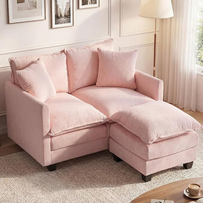 50'' L-Shape Loveseat Sofa with 22" Ottoman, 2 Seat Modern Cloud Couch with 2 Washable Pillows for Small Space Apartment Office Living Room Bedroom, Pink