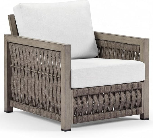 Patio Sofa Chair, Never Rusts Aluminum Outdoor Armchair with Washable Cushions, Rope Weave Outdoor Sofa Chair Patio Sofa Armchair, Deep Seating Patio Furniture for Garden, Porch, Gray Oak