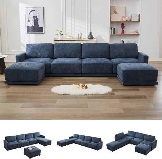 143.8" Modular Sectional Sofa Modern Chenille U Shaped Couch with Thickened Seat Cushions, Easy Assembly, Upholstered 6 Seater Couch with 2 Movable Ottomans for Living Room, Blue