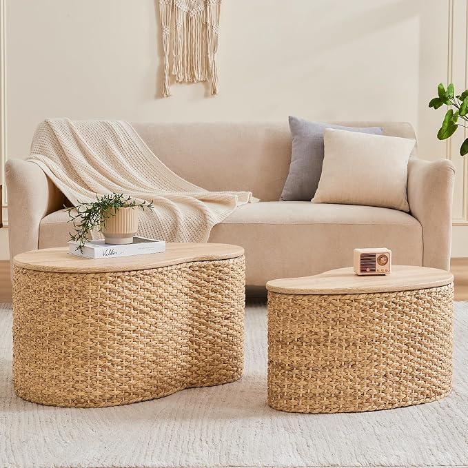 Cloud Nesting Coffee Table Set of 2 with Storage - Handwoven Wicker Rattan Ottoman Style, Boho Coastal Coffee Tables for Living Room, Rattan Coffee Table with Cover & Soild Wood Frame