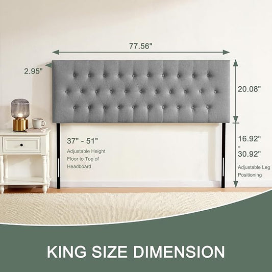 Tufted Upholstered Headboard King Size, Adjustable Height 37- 51 in, Gray | Sturdy and Durable Solid Wood Bed Headboard, Fabric King Headboard Only, Modern Button Diamond Design Head Board