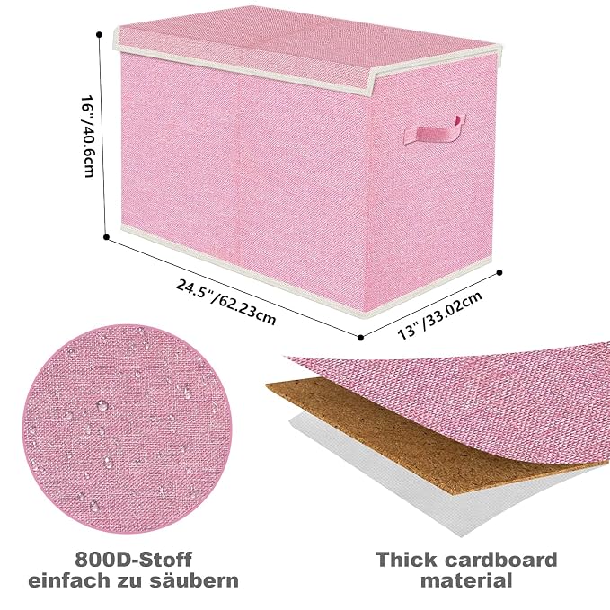 Large Collapsible Toy Storage Box with Lid & Handles - Kids Organizer Chest for Toys, Clothes, Blankets (Pink, Nursery, Playroom, Bedroom)-24.5''×13''×16''
