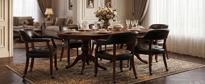 LEEMTORIG Set of 6 Large Dining Chairs with Casters and Arms, Rolling Dining Chairs with Wheels, Accent Game Poker Table Chairs, 26“Dx25.2 Wx31.5“H, Cherry Legs & Black SY-1533-BK