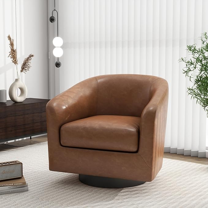 Swivel Barrel Accent Chair, Modern Round Faux Leather Arm Chair for Living Room, Bedroom, Comfy Club Reading Chairs for Adults(Faux Leather, Brown, Set of 1)