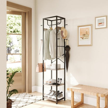 ELYKEN Coat Rack Freestanding, Hall Tree with 3 Storage Shelves and 12 Hooks, Industrial Clothes Rack Stand Organizer for Bedroom, Hallway, Entryway, Office, Living Room, Greige