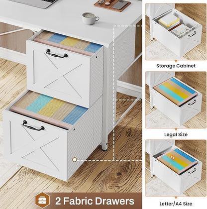 SEDETA White L Shaped Office Desk, Farmhouse Home Office Desk with Fabric File Drawers and Power Outlet, Corner Gaming Desk with LED Lights, Hutch and Storage Shelves