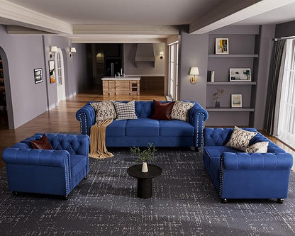 Morden Fort Classic Chesterfield Loveseat Set 60'', Tufted Loveseat Sofa Set with Solid Wood Legs Thick Cushion, Pet-Friendly 2-Seater Sofa Couch for Living Room Bedroom Apartment - Velvet Blue