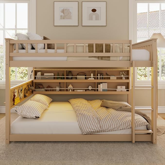 Merax Full Over Full Bunk Bed,Wood bunk Bed with LED,Bed with Integrated Shelving, Color-Changing Lights and Pegboard, Full Over Full, Beige