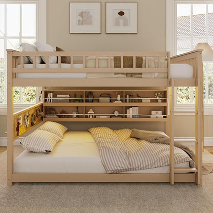 Merax Full Over Full Bunk Bed,Wood bunk Bed with LED,Bed with Integrated Shelving, Color-Changing Lights and Pegboard, Full Over Full, Beige