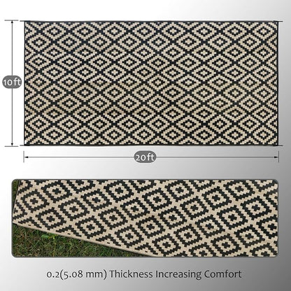 SAND MINE Waterproof Outdoor Rug 10x20 ft, Plastic Reversible Rug, Modern Area Rug, Large Floor Mat for Outdoors, RV, Patio, Backyard, Deck, Picnic, Beach, Camping, Black & Beige